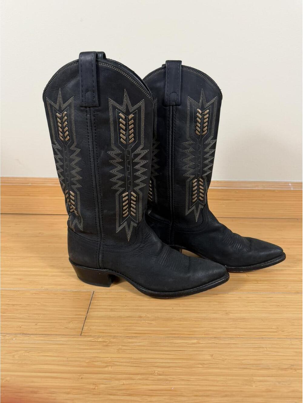 Vintage 90s Dan Post 14097 Braided Arrow Black Leather Cowboy Boots Women 6.5 M